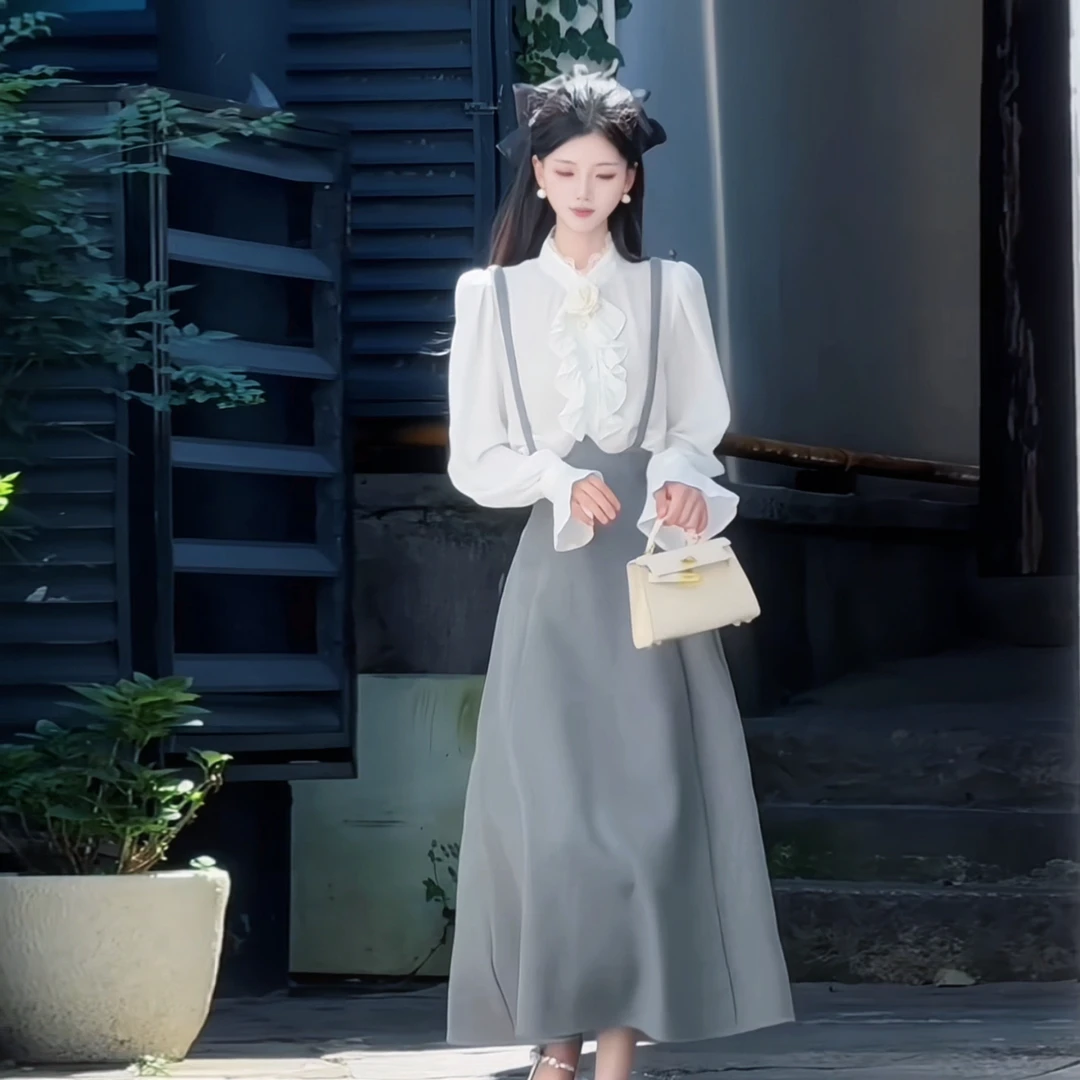 拉夏贝尔2025年秋季新款法式时尚气质长袖上衣+背带裙 10589 JHD