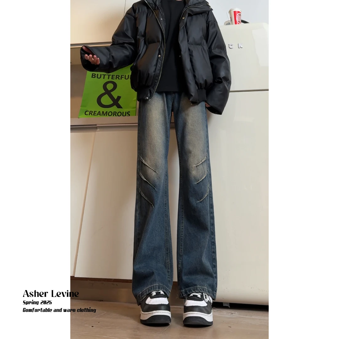 美式复古高个子牛仔裤弯刀vibe风褶皱裤子男款潮流水洗做旧微喇裤