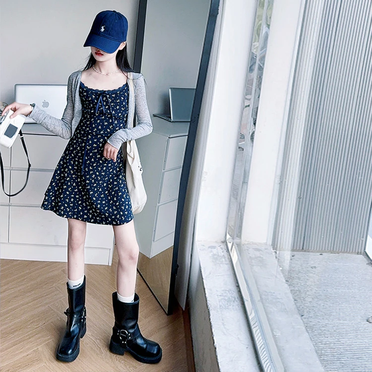 2025女童吊带连衣裙夏季短款防晒开衫薄款冰丝小坎肩碎花裙两件套