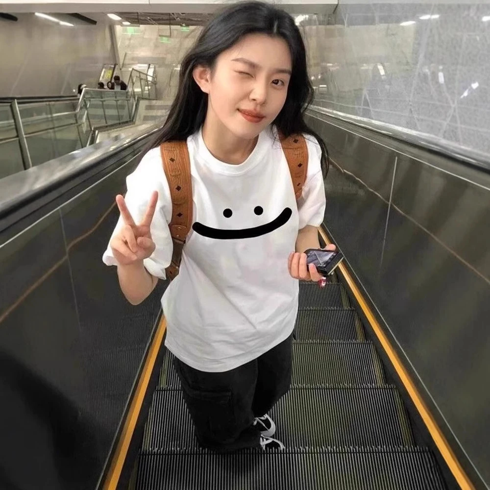 重磅纯棉白色短袖t恤女夏季2025新款宽松中长款印花笑脸百搭上衣