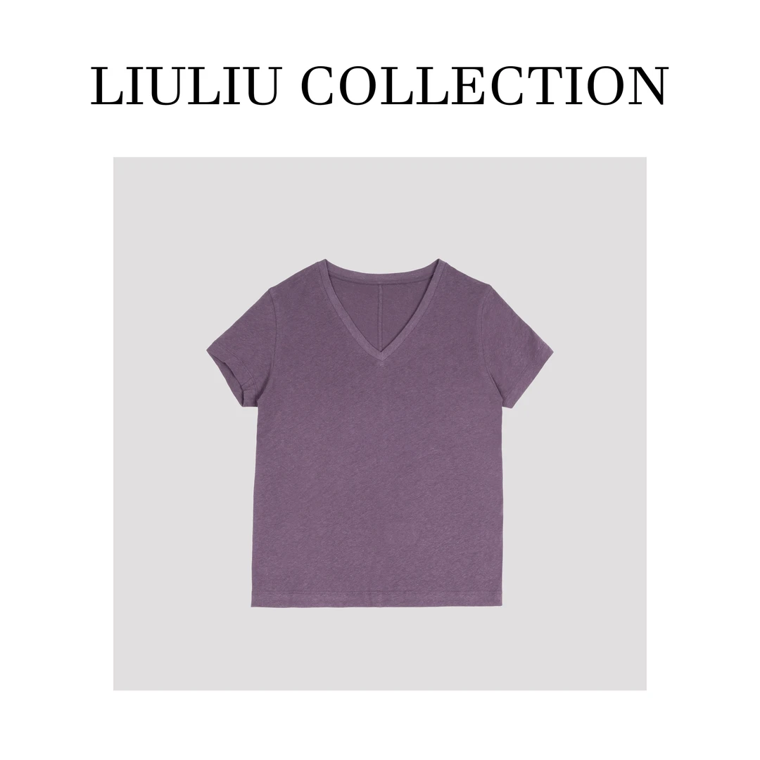 夏款简约V领亚麻棉T恤复古通勤短袖上衣女K59