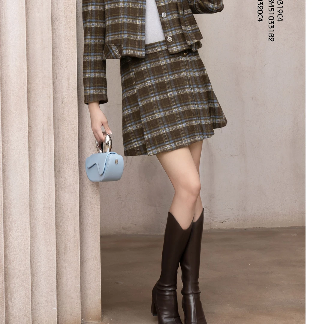 BAISI/百丝AACF510320C4啡色半身裙小香风短款百搭时尚毛呢格子
