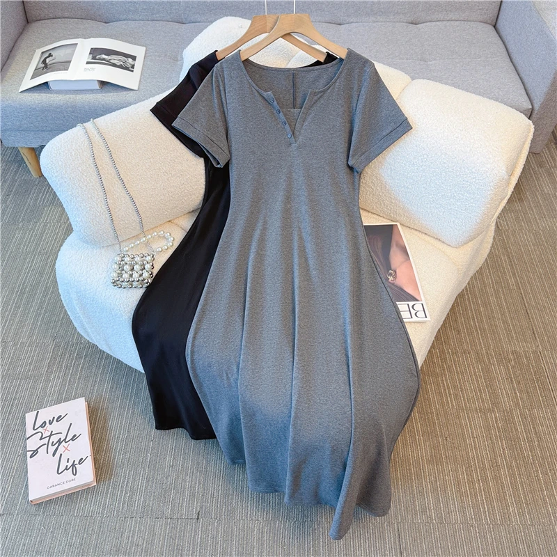 大码女装简约纽扣收腰显瘦2025新款纯色气质垂感a字连衣长裙