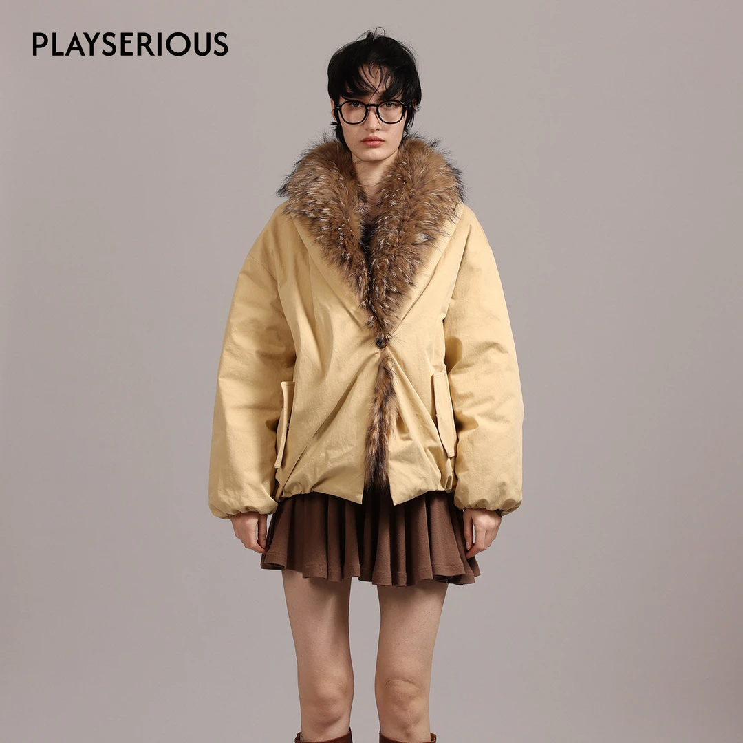 LACERTA 2025秋冬新款毛皮草大翻领白鸭绒羽绒服女毛领宽松外套