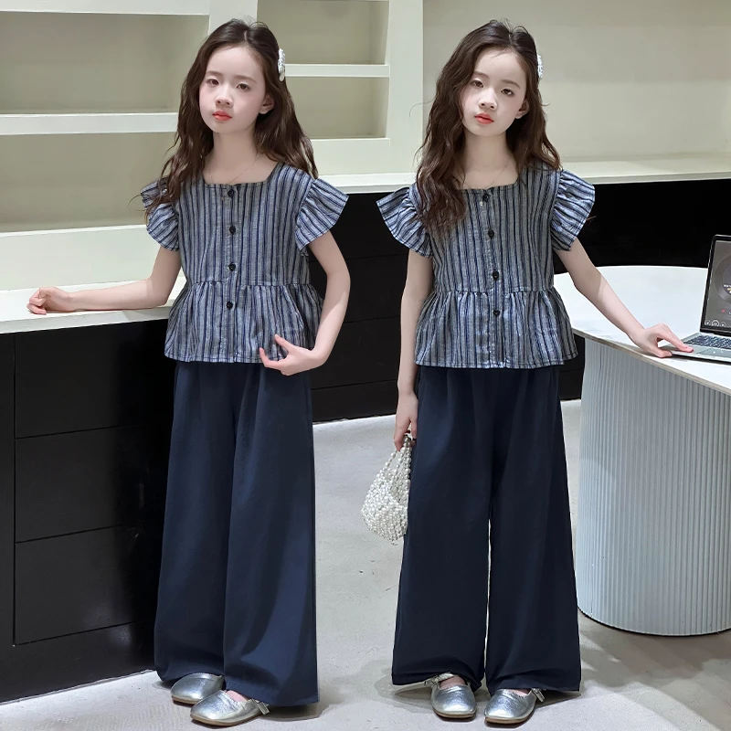 女童套装夏季2025新款儿童女孩大童夏装阔腿裤儿童条纹休闲两件套