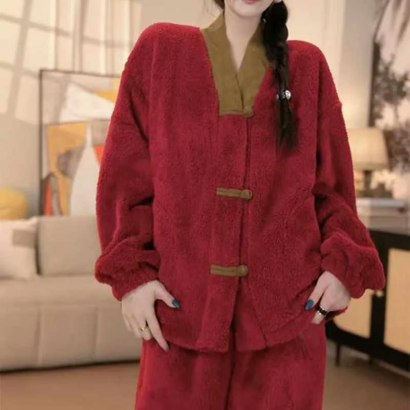 全棉时代法兰绒睡衣女秋冬加绒加厚可爱珊瑚绒开衫长袖家居服两件