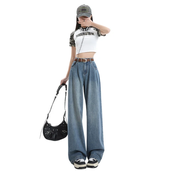 复古蓝牛仔裤女2025新款春季天丝垂感拖地裤高腰显瘦直筒阔腿百搭