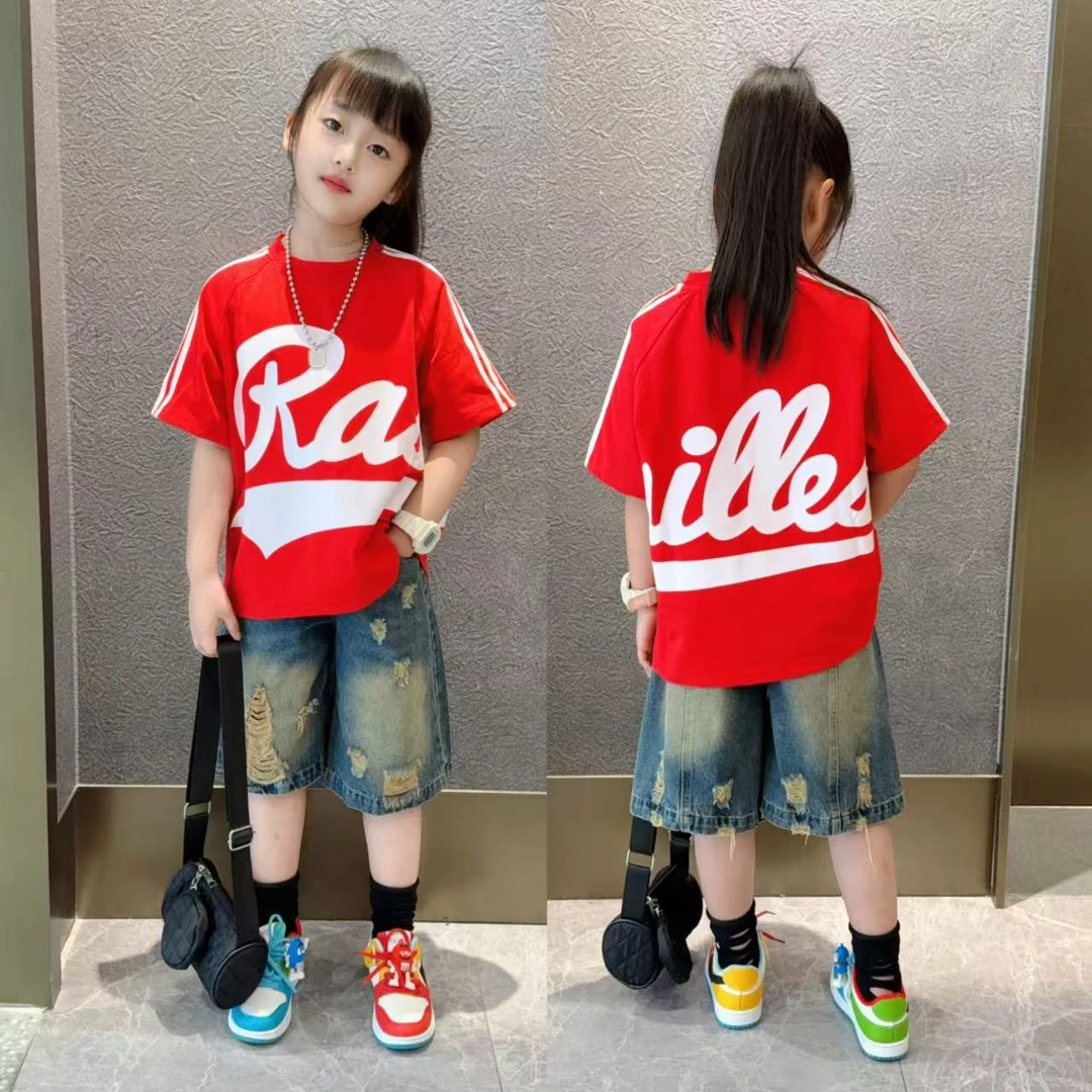 女童2025美式潮酷字母宽松短袖T恤男女童夏季新款时髦运动上衣潮