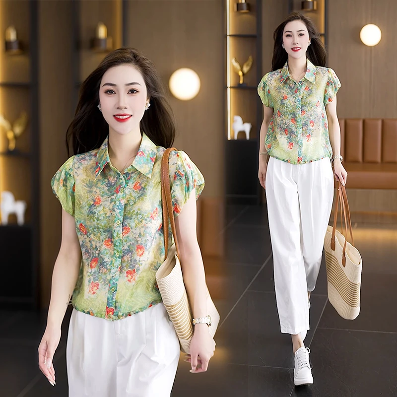 宽松复古碎花短袖衬衫女2025夏季新款韩版洋气减龄印花翻领衬衣潮