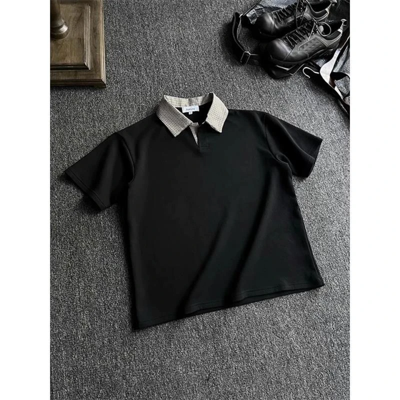 E62 拼接千鸟格polo衫短袖重磅翻领T恤少年感穿搭半袖t恤