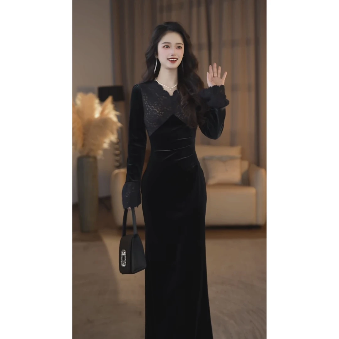 【琬琬】蕾丝轻语 秋冬款蕾丝拼接高腰显瘦连衣裙-YL0044