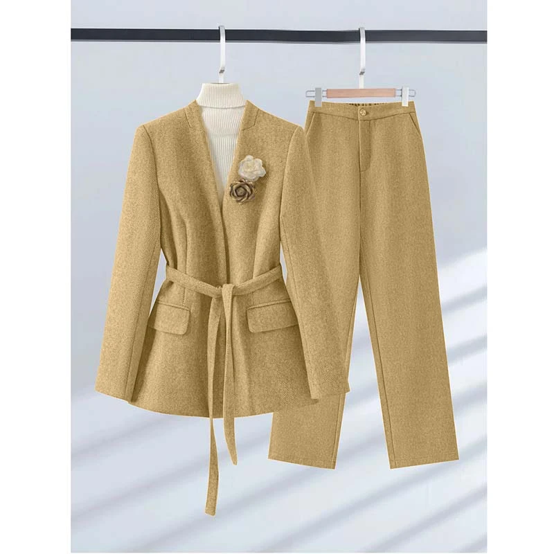 【两件套】【有里布】【送腰带】【送胸花】新款外套+裤子春秋套装QJ0109