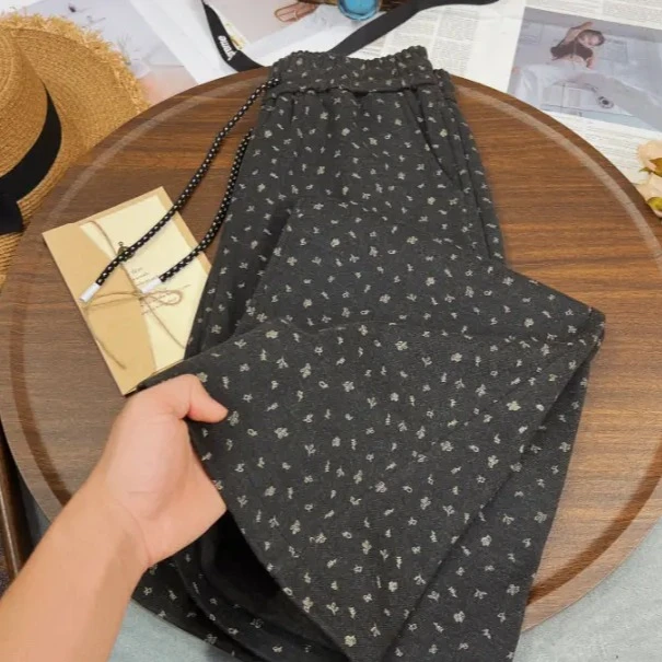 2025秋冬加厚毛呢碎花裤原创高腰显瘦洋气减龄百搭复古文艺休闲款