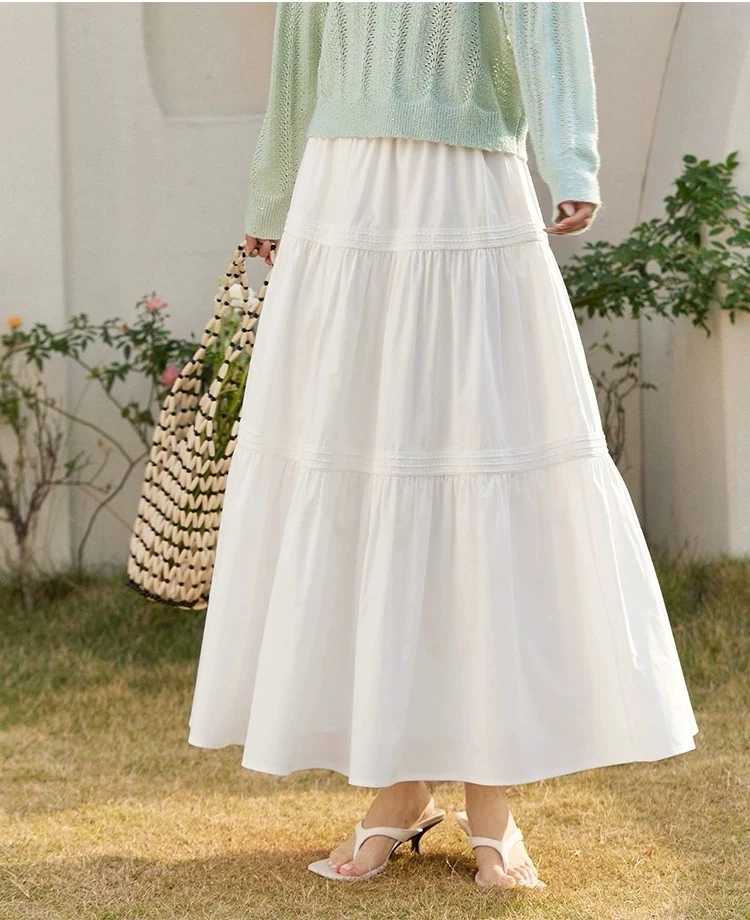 【寻衣记】韩版简约百搭显瘦拼接垂感白色半身裙2025年春夏款中长裙