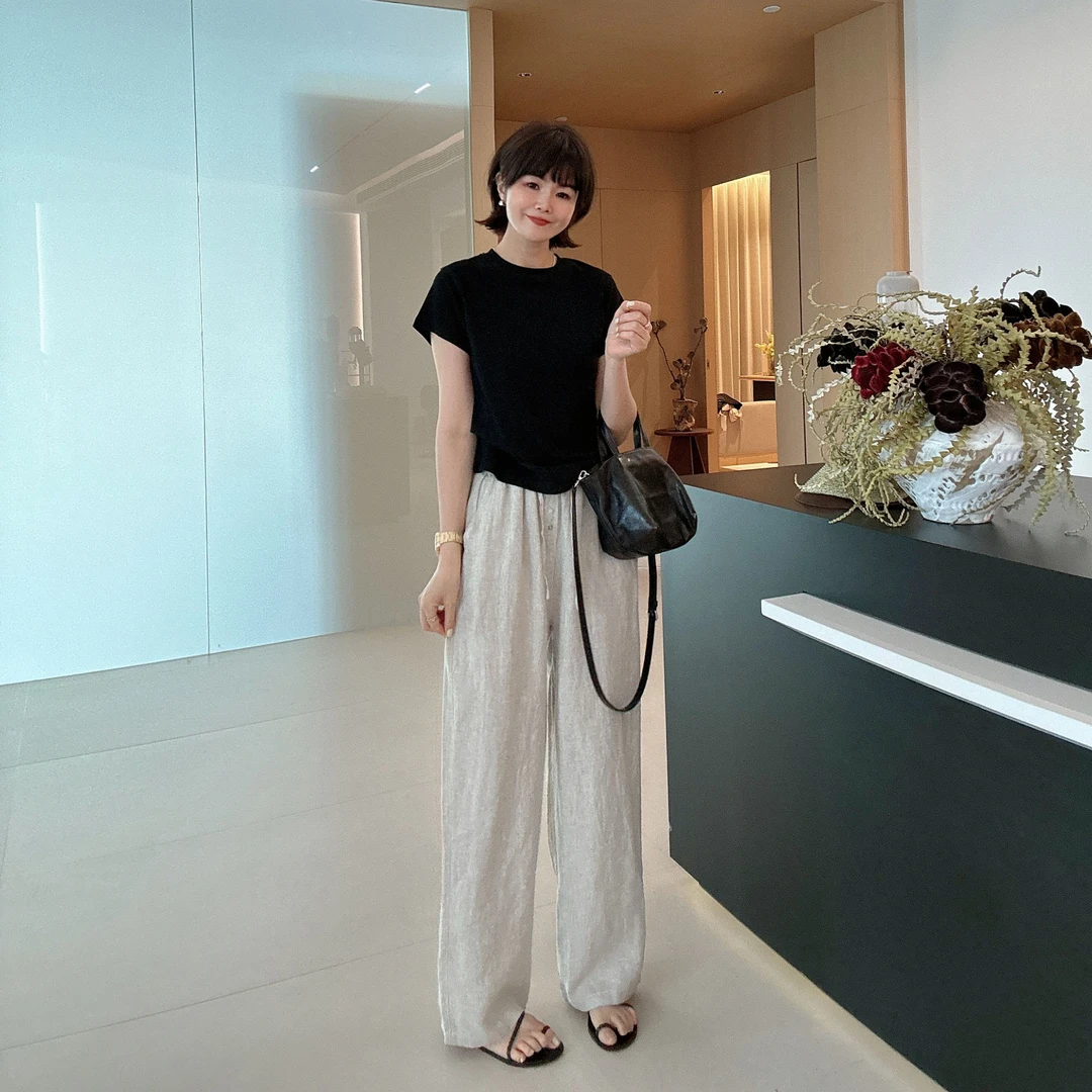 夏季宽松高腰显瘦纯亚麻松弛感阔腿裤高腰休闲裤