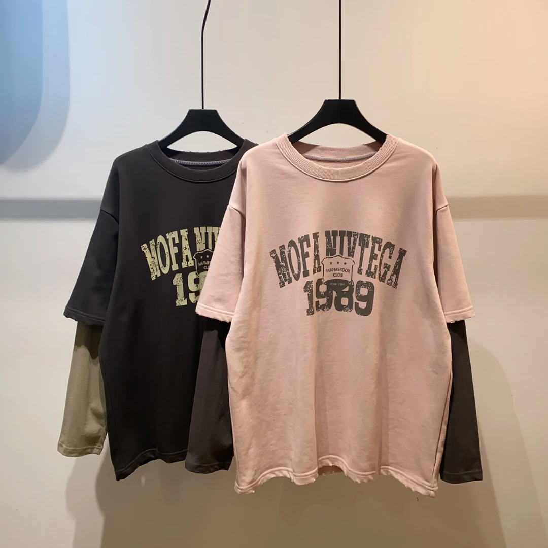 大码300斤美式复古慵懒感1989印花假两件圆领卫衣宽松显瘦上衣男