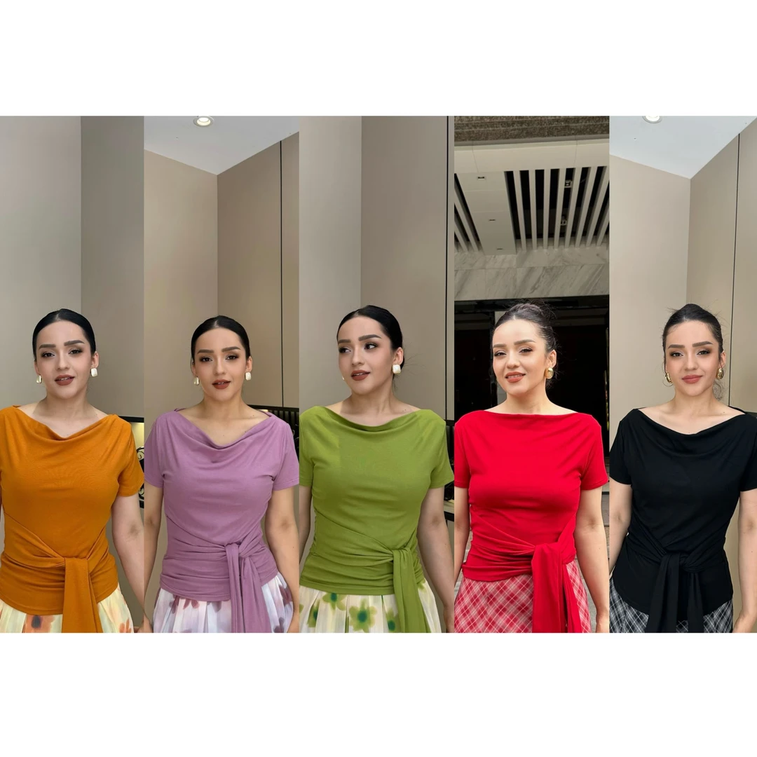 短袖拼接街头纯色一字领绑带T恤吸湿排汗蝴蝶结休闲风圆领0018