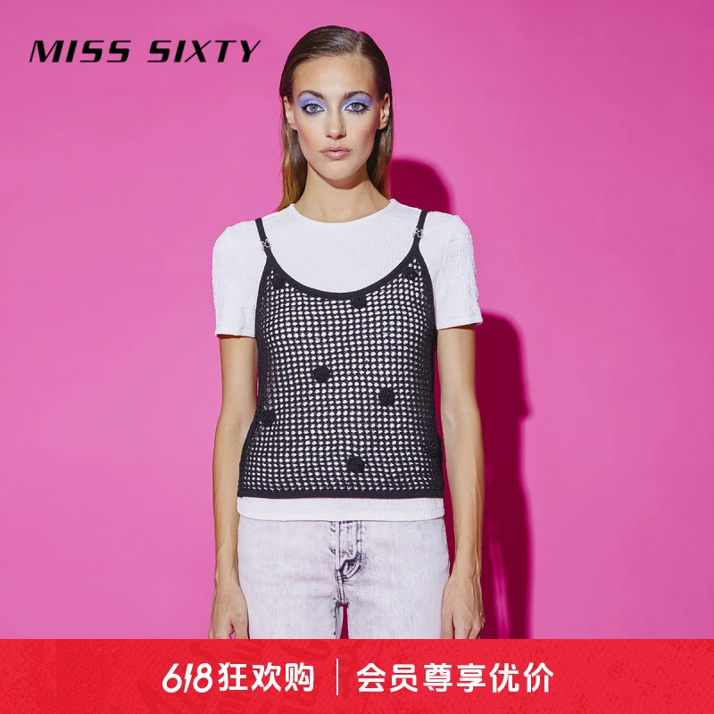 Miss Sixty夏季T恤女肌理感短袖手工玫瑰吊带两件套高能感