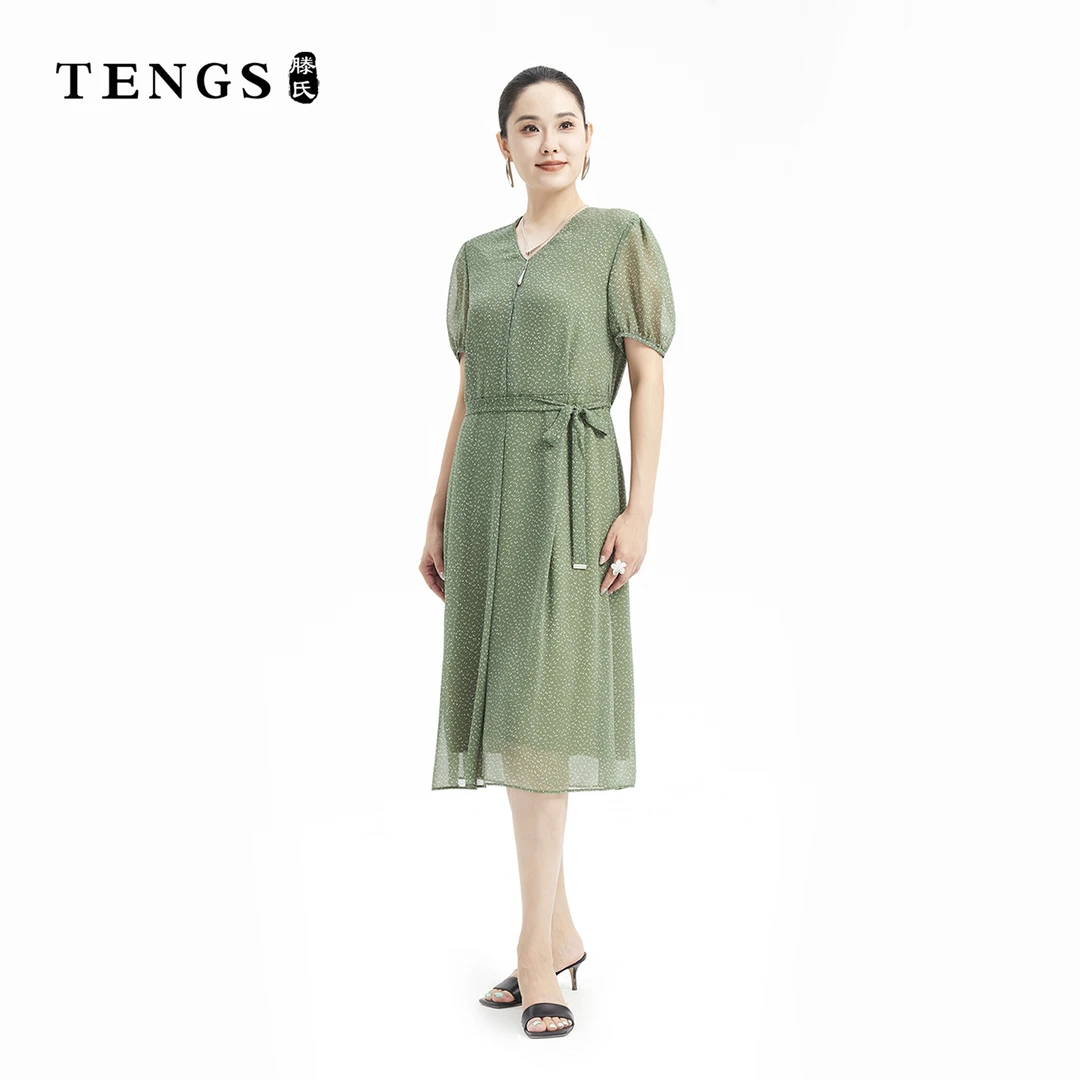 TENGS滕氏女装春夏新款雅致绿清透薄纱小碎花连衣裙