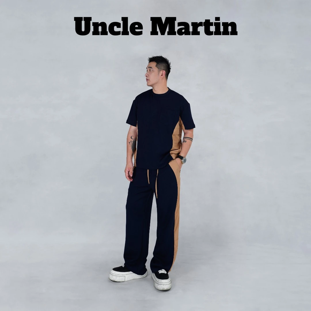 马丁叔叔 25高级拼接时尚潮流个性黄色短袖长裤套装 301-裤子