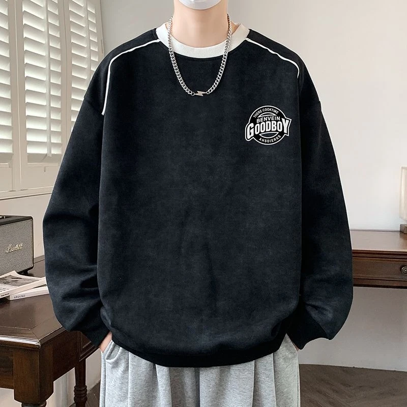 春秋季时尚休闲圆领卫衣男潮流百搭撞色宽松大码帅气港风长袖上衣