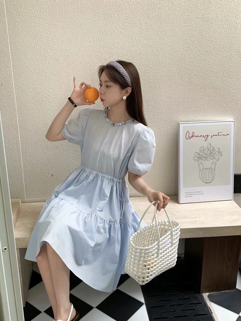 中腰吸汗中长裙连衣裙显瘦夏季长裙泡泡袖少女风A51