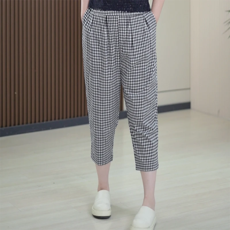 全棉色织格子裤松弛感微弹抗皱大码时尚百搭显瘦直筒哈伦休闲裤女