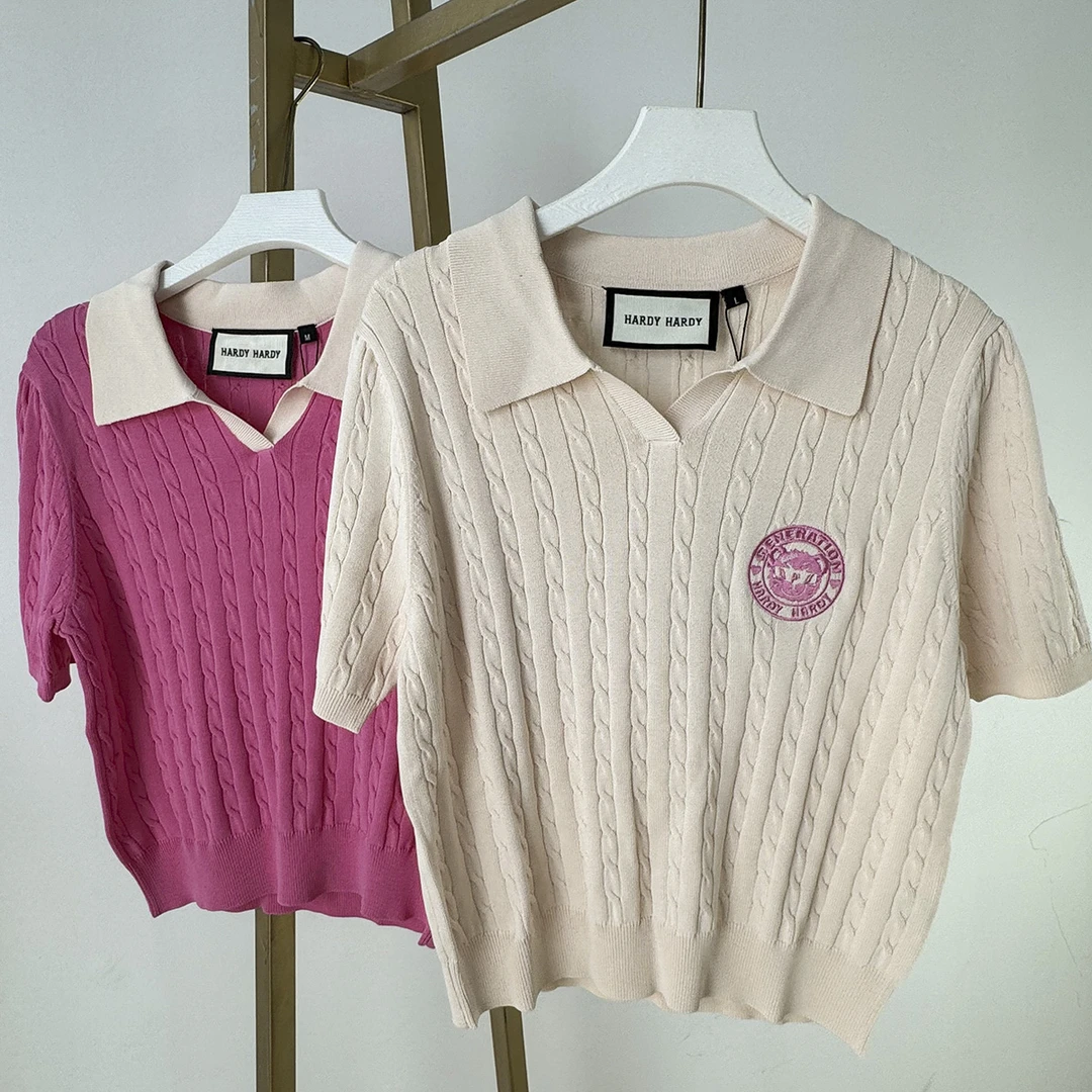 S249夏新款宽松翻领刺绣字母短袖针织T恤女T恤上衣