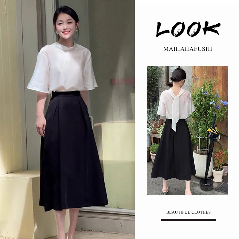 夏季一整套女装2025新款半高领后绑带宽松气质短袖上衣半身裙套装