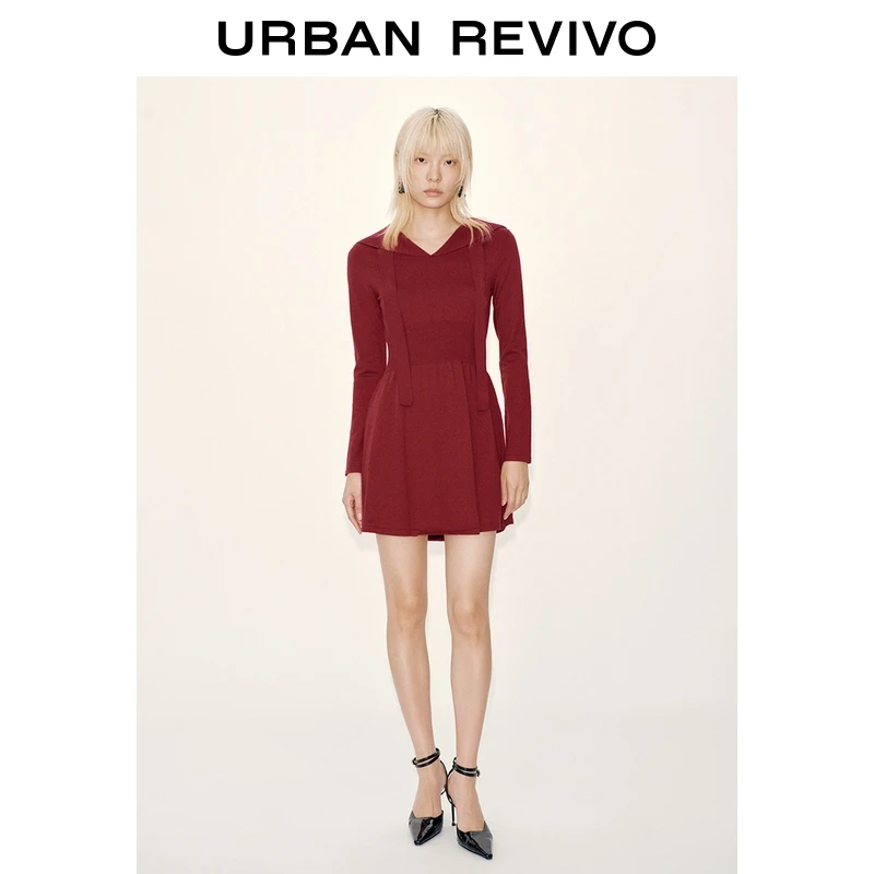 UR2026春季新款女装休闲系带短款针织连衣裙UYL950218+