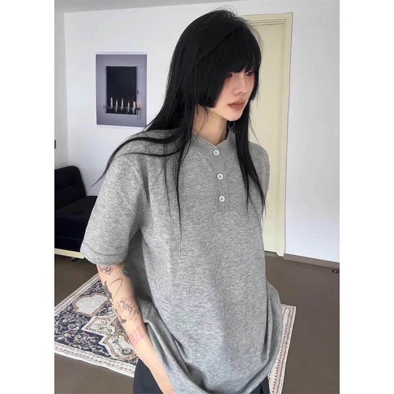 灰色针织亨利领短袖男款老钱风美式重磅t恤cleanfit潮牌情侣半袖