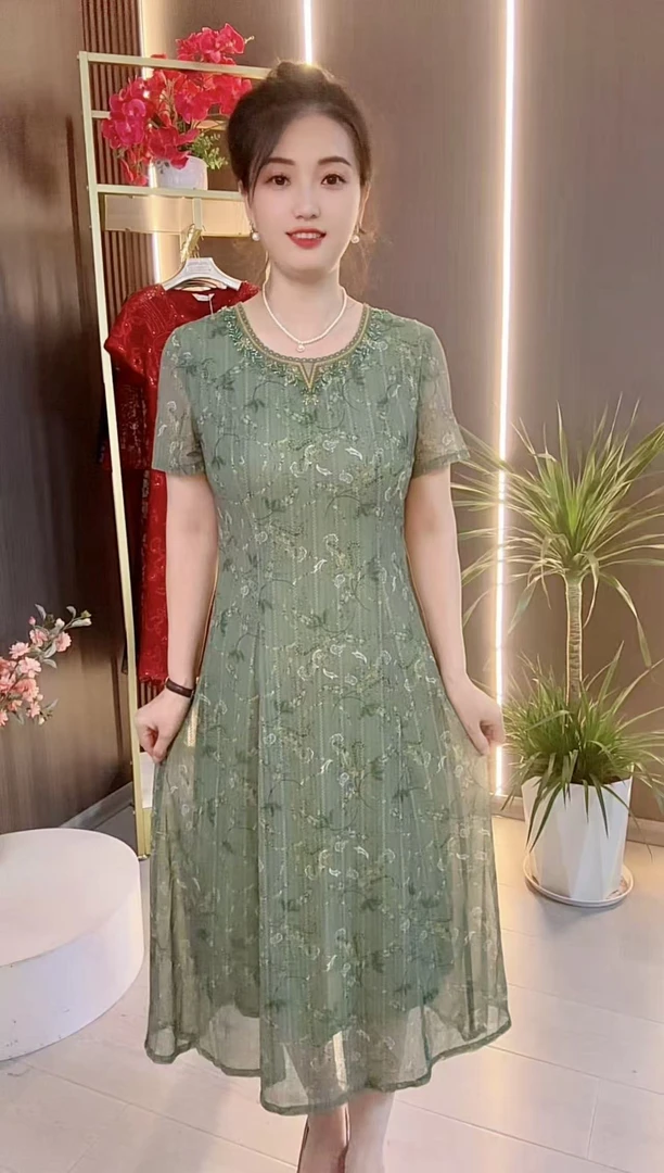 6116夏季清新短袖透气纱连衣裙时尚修身显瘦款气质中长裙