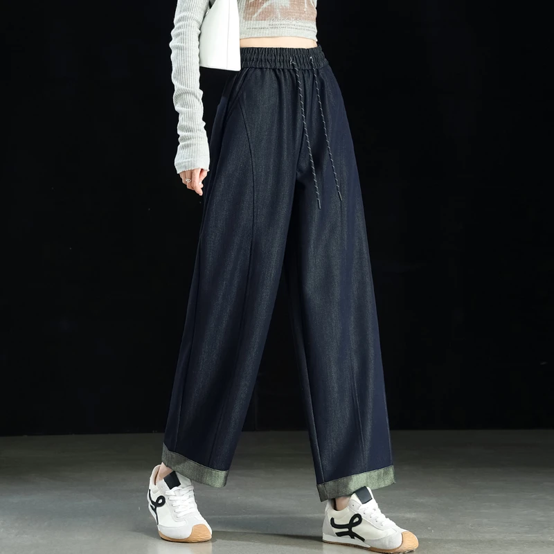 高腰卷边牛仔裤阔腿宽松不掉色裤子女2025新款撞色拼接九分直筒裤
