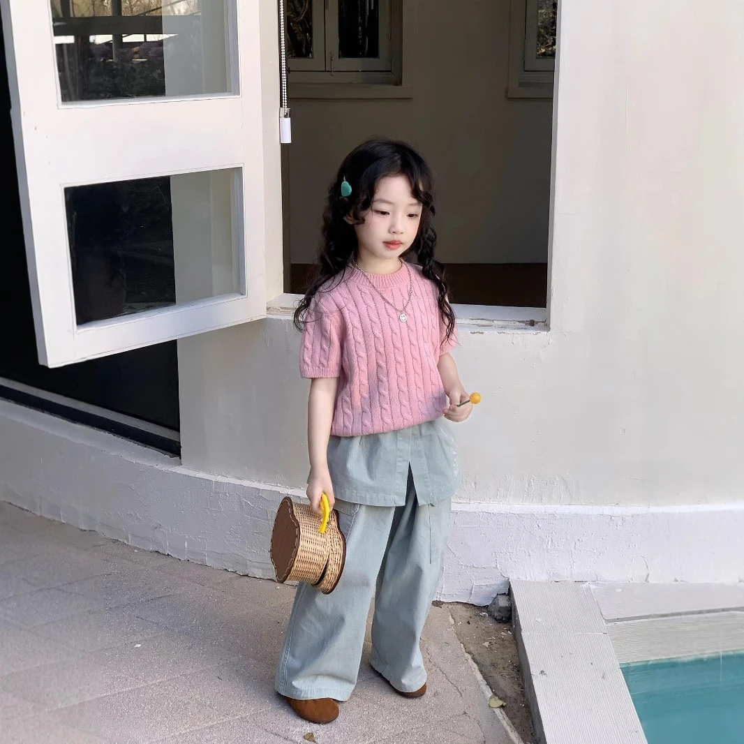 现货小惜亦秋季新款韩版女童粉短袖毛衣屁帘裤子小众时髦套装