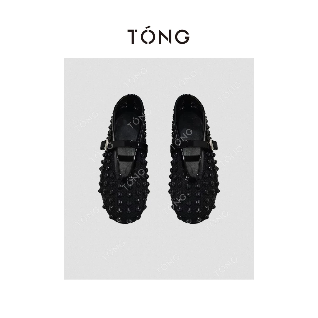 【黯钻缀履】羊皮黑色扣带芭蕾舞鞋单鞋 YX011