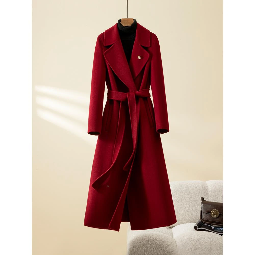 双面零羊大衣女中长款系带本命年红色结婚全羊毛呢子外套工作服
