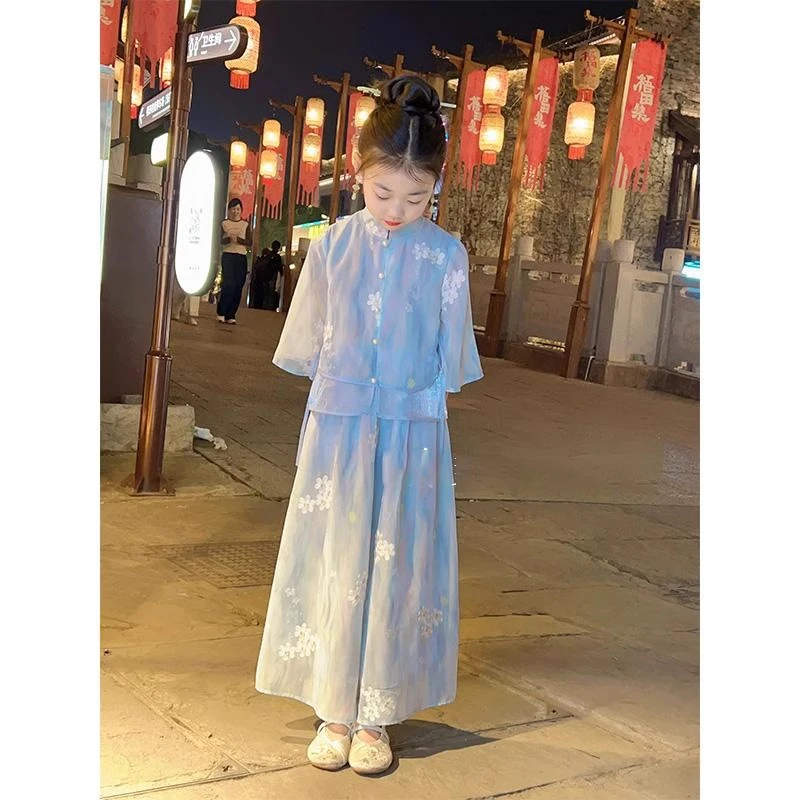 女童套装2025夏季新款绣花中袖上衣阔腿裙裤新中式国风汉服两件套