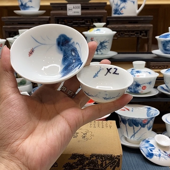 手绘枯美荷花斗笠杯85cc➕两国客杯釉下彩微瑕福利款