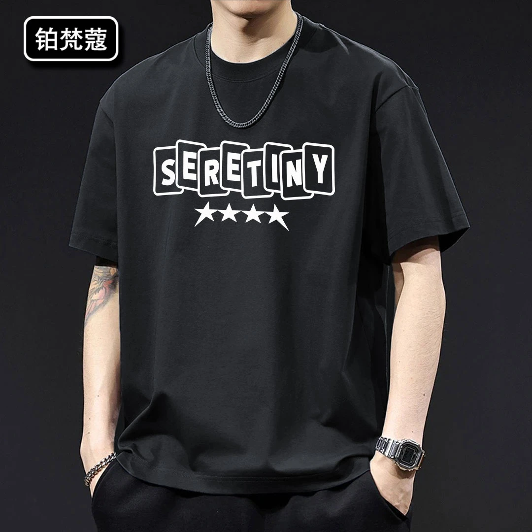 铂梵蔻夏季美式休闲T恤上衣痞帅圆领纯棉男士潮流潮短袖印花百搭