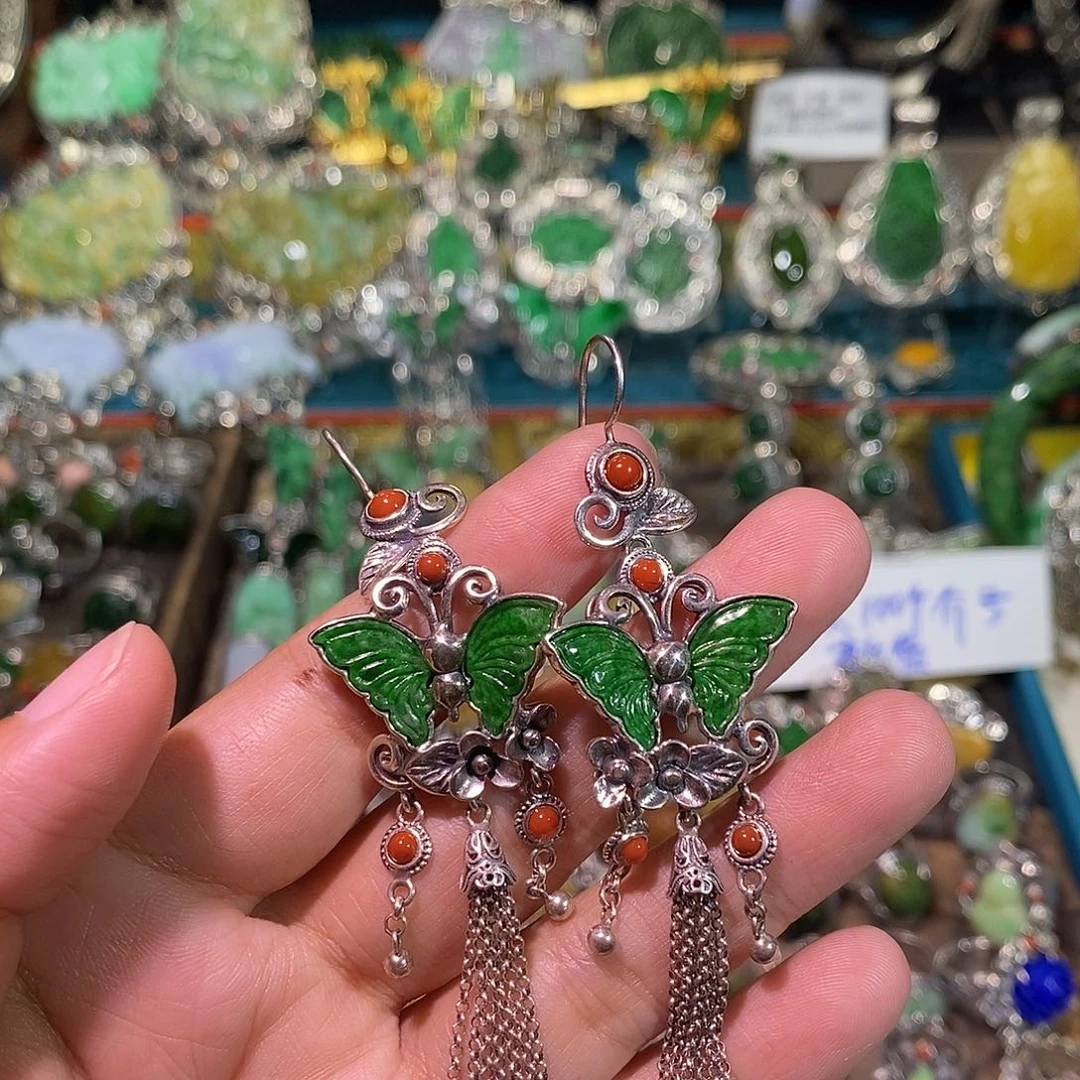 翡翠散珠蝴蝶耳环炸炸炸