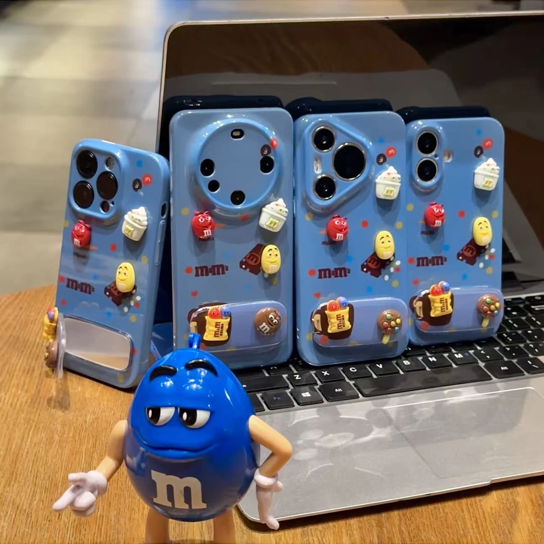 SMBLCE蓝底m豆公仔支架适用苹果17/16菲林手机壳华为vivo小米oppo