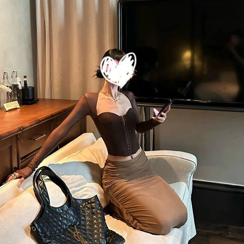 法式复古性感鱼骨短款抹胸设计感小众修身网纱拼接长袖上衣