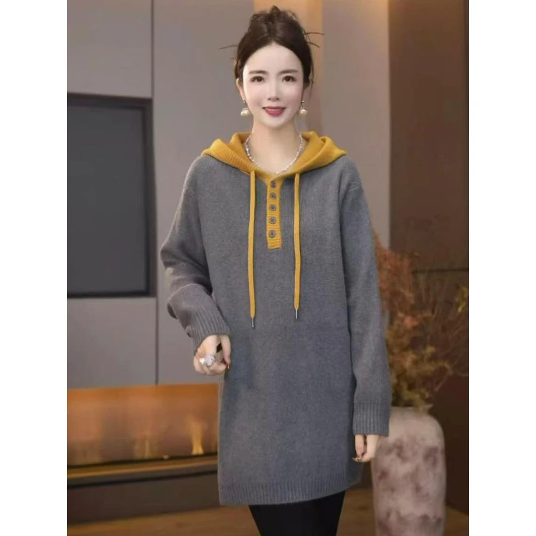 2025秋冬新款高级感欧货针织宽松连帽中长款慵懒毛衣打底外搭女装