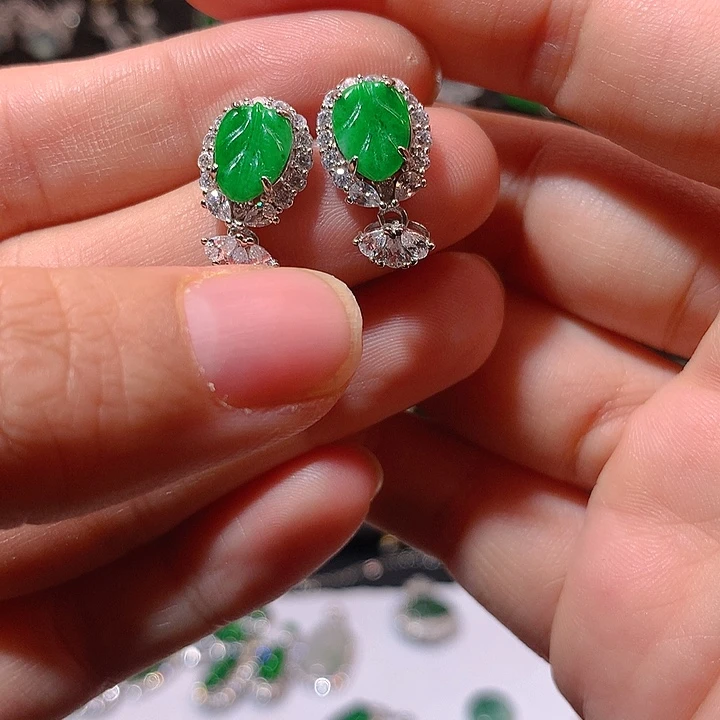 翡翠戒指银S925镶嵌耳钉