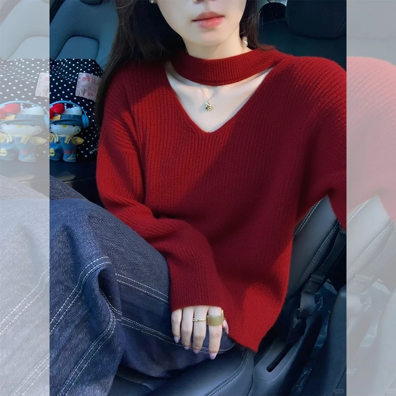 韩系独特漂亮红色挂脖针织衫女2025秋冬新款气质优雅百搭显瘦毛衣