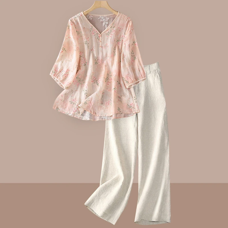 高端轻奢苎麻亚麻套装女士夏装妈妈洋气时尚衬衫休闲阔腿裤两件套