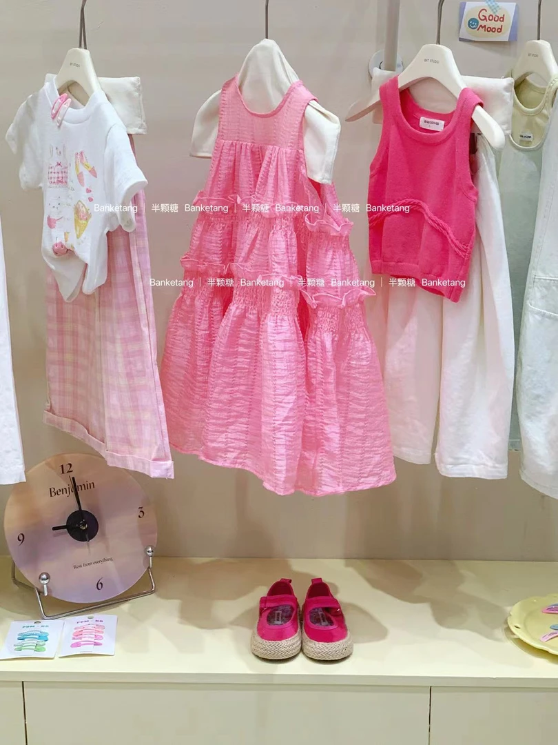 在仓  女童玫粉色花边连衣裙2025夏季新款韩版童装女宝宝背心裙