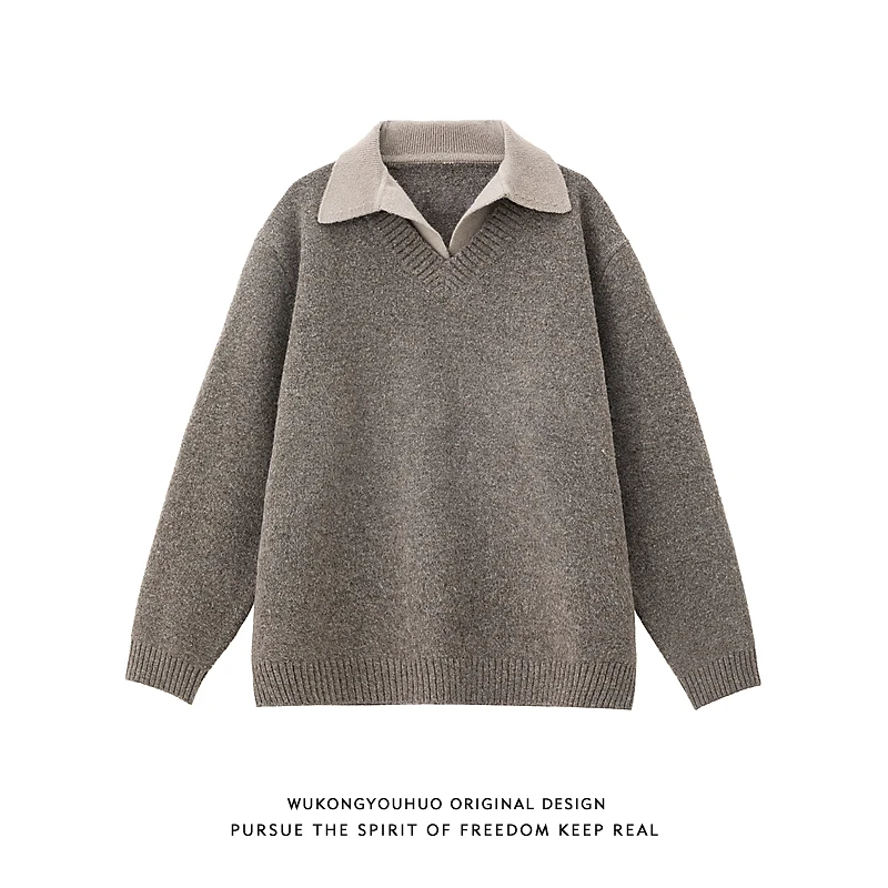 悟空有货秋冬复古混纺拼色POLO领针织衫男女潮牌宽松休闲套头毛衣