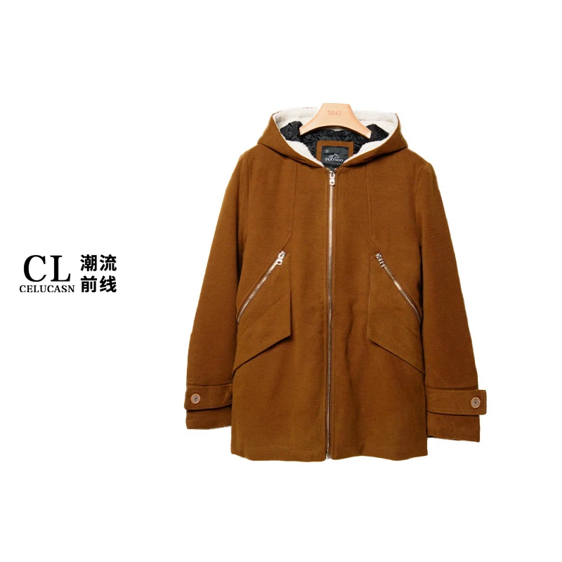 P5WBN109#休闲男士新品中长款长袖连帽设计纯色毛呢大衣外套