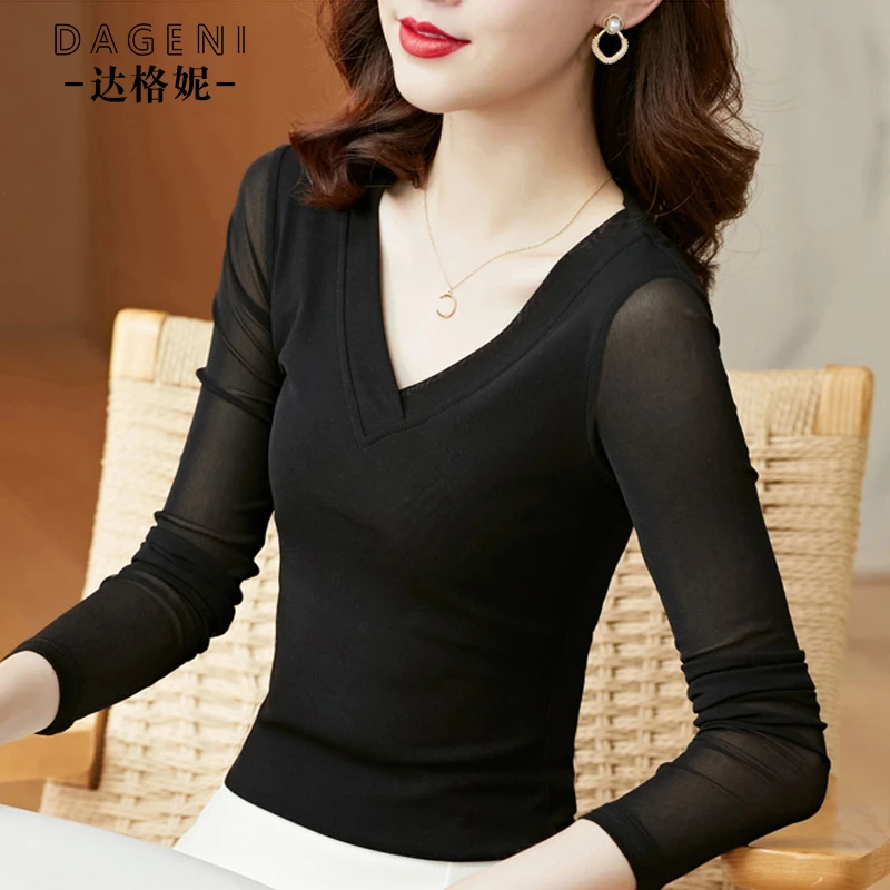 达格妮网纱打底衫内搭春秋V领洋气修身上衣女新款时尚妈妈长袖t恤